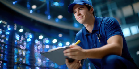 Young technician in blue uniform holding clipboard and pen working in server room with glowing network equipment lightsの素材