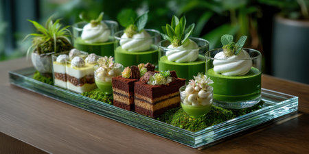 Green dessert with whipped cream and chocolate cake on glass tray with moss decoration and plant in backgroundの素材