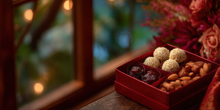 Red gift box with compartments filled with sesame balls, almonds, and dried fruit, placed wooden surface with warm cozyの素材