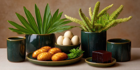 Green ceramic cups and plates with tropical leaves, eggs, fried snacks, and jelly dessert create calm, natural table settingの素材