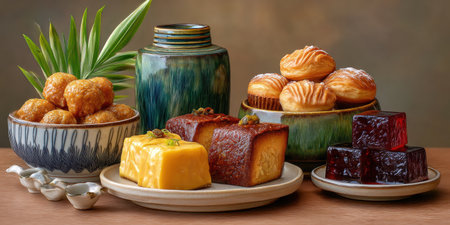 Traditional Asian dessert assortment with golden pastries, jelly cubes, and decorative ceramic bowls on wooden tableの素材