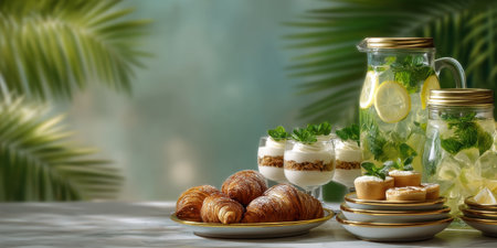 Fresh croissant and creamy dessert with lemon mint infused water in glass jars on table with tropical leavesの素材