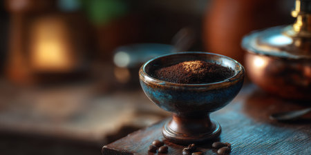 Ground coffee in ceramic bowl on wooden table with coffee beans and warm light creating cozy atmosphereの素材