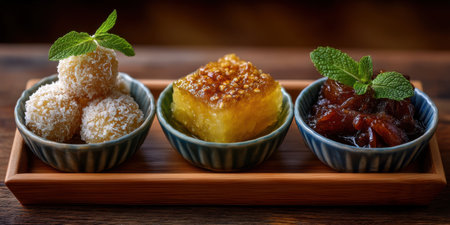 Traditional Asian dessert set with coconut balls, sticky rice cake, and sweet preserved fruit garnished with fresh mint leavesの素材