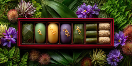 Colorful traditional dessert gift box with purple flowers and green leaves creating vibrant natural settingの素材