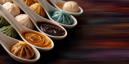 Colorful dumpling with sauce white ceramic spoon wooden table, delicious Asian food with vibrant colors and smooth textureの素材