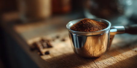Ground coffee in metal portafilter on wooden surface with scattered coffee beans creating warm and inviting atmosphereの素材