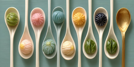 Colorful dumpling on ceramic spoon with pastel background, artistic food presentation with elegant and delicate styleの素材