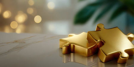 Golden puzzle piece close up with soft bokeh light background creating warm and elegant atmosphereの素材