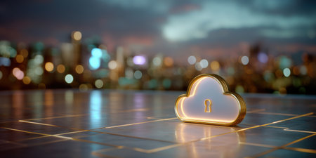 Cloud security icon with golden outline on reflective surface and blurred cityscape background at duskの素材