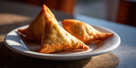 Golden crispy samosa trio on white plate with warm sunlight creating cozy and appetizing atmosphereの素材