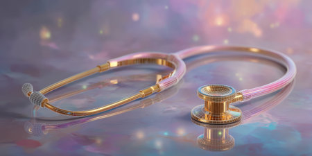 Stethoscope with gold and pink tubing lying on reflective surface with soft colorful bokeh lights creating calm moodの素材
