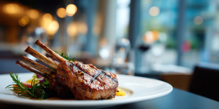 Grilled lamb rack served on white plate with herbs and sauce in cozy restaurant setting with warm lightingの素材