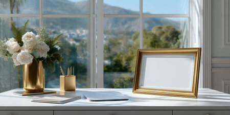 Elegant gold picture frame on white desk with flower vase and stationery, bright room with mountain view creating calm moodの素材
