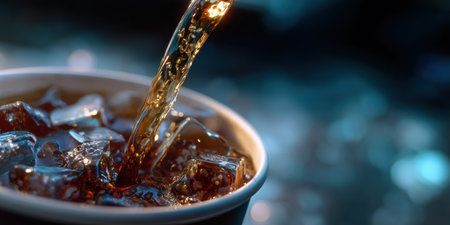Cold soda pouring into cup with ice cubes refreshing drink close up liquid breaking over ice in cool atmosphereの素材