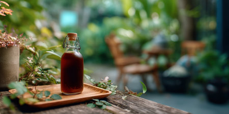 Cold brew bottle on wooden tray with green plants and blurred outdoor cafe background creating calm moodの素材