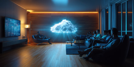Cloud hologram projection in modern living room with people watching technology presentation at nightの素材