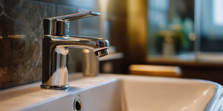 Modern chrome faucet close up over white ceramic sink in bathroom with warm light and blurred backgroundの素材