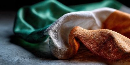 Tricolor fabric with green, white, and orange colors lying on surface, showing detailed texture and soft foldsの素材