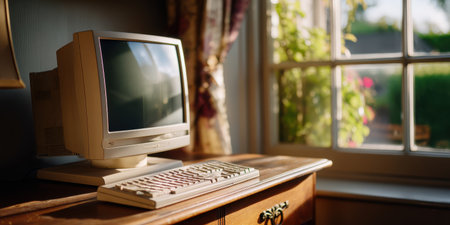 Old beige CRT monitor and keyboard on wooden desk near window with sunlight and curtain in cozy roomの素材