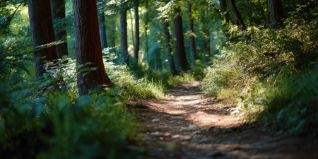 Tranquil forest trail with dappled sunlight shining through tall trees and lush green foliage creating peaceful nature sceneの素材