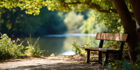 Quiet lakeside bench under tree with glowing sunlight and peaceful natural green forest backgroundの素材