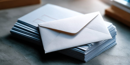 Stack of white envelopes with one envelope on top, placed on textured surface with soft natural light creating calm atmosphereの素材