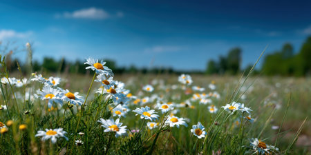 Wild daisy flowers bloom in summer meadow under bright blue sky, creating peaceful and vibrant natural sceneの素材
