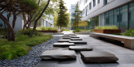 Modern urban garden with stone path and green plants between office buildings creating peaceful atmosphereの素材