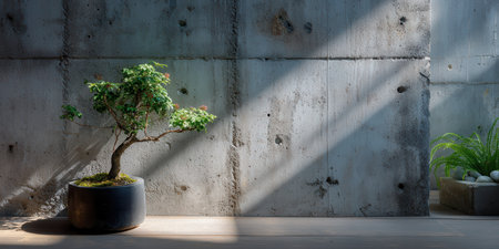 Bonsai tree in black pot with shadow on raw concrete wall and soft natural light creating calm moodの素材