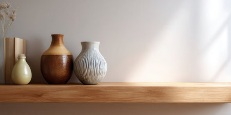 Ceramic vase collection on wooden shelf with soft natural light creating calm and warm atmosphere in minimalist interiorの素材