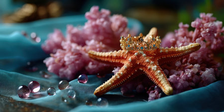 Starfish with small decorative crown surrounded by pink flowers and water droplets on blue fabric, elegant and delicateの素材