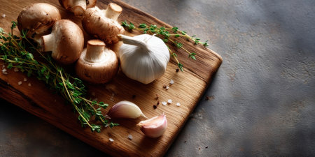 Mushroom garlic herb arrangement on wooden cutting board with coarse salt and pepper creating rustic cooking moodの素材