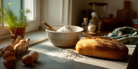 Freshly baked bread loaf with eggs and flour on kitchen counter in warm natural lightの素材