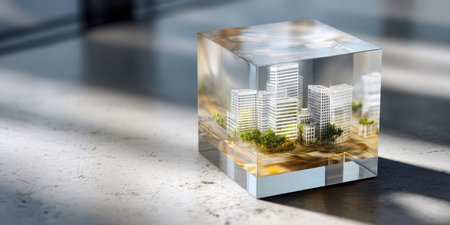 Transparent cube with etched urban block miniature buildings inside on concrete surface with soft shadowsの素材