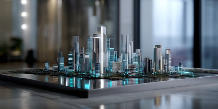 Futuristic city block model with illuminated skyscrapers and modern architecture reflecting sleek surface blurred indoorの素材