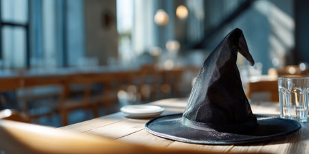 Black witch hat on wooden table in cozy cafe with natural light and glass cupの素材