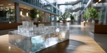 Crystal sculpture model of urban cityscape on wooden table with modern office interior backgroundの素材
