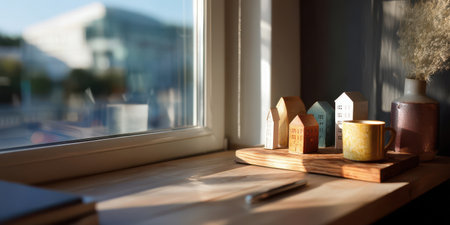 Wooden miniature house models and yellow cup on wooden tray by window with daylight entering and casting warm light on tableの素材