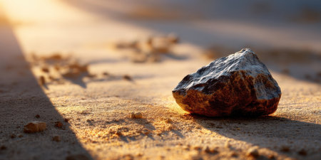 Rock on sandy surface with warm sunlight casting shadows in low angle close up view creating peaceful natural sceneの素材