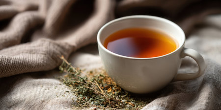 Cup of herbal tea with dried herbs on linen cloth creating warm and cozy atmosphere in natural lightの素材