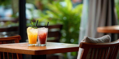 Two refreshing cold drinks with straws on wooden table in cozy cafe with natural light and green backgroundの素材