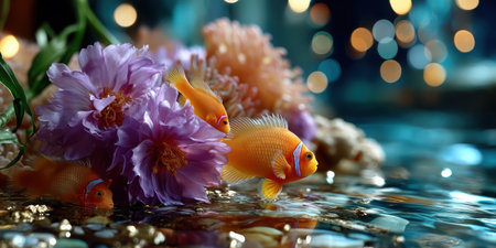 Colorful clownfish swimming near purple coral reef with bokeh light background in underwater sceneの素材