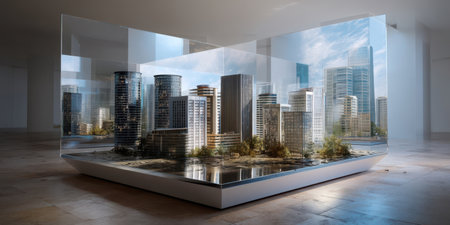 Modern city model in glass case with photorealistic skyscraper buildings and urban landscape in bright roomの素材