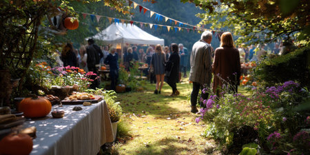 Autumn outdoor market with people walking, colorful flowers, pumpkins, and festive bunting creating warm atmosphereの素材