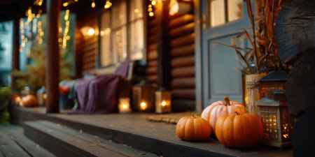 Autumn pumpkins and glowing lanterns decorate cozy wooden porch with warm lights creating peaceful fall atmosphereの素材