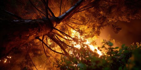Wildfire flames glowing intensely through tree branches at night creating dramatic orange light and smokeの素材