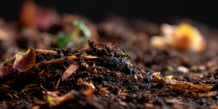 Dark compost soil with organic wood pieces and plant debris in close up macro shot showing rich texture and natural decayの素材