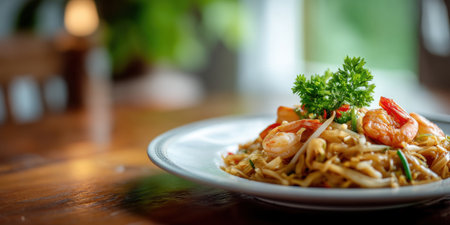 Shrimp noodle dish garnished with fresh parsley on white plate with warm wooden table and blurred backgroundの素材
