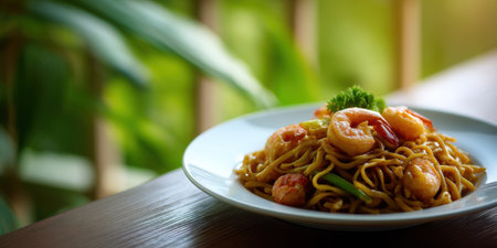 Shrimp fried noodle dish served on white plate with green garnish on wooden table in natural lightの素材